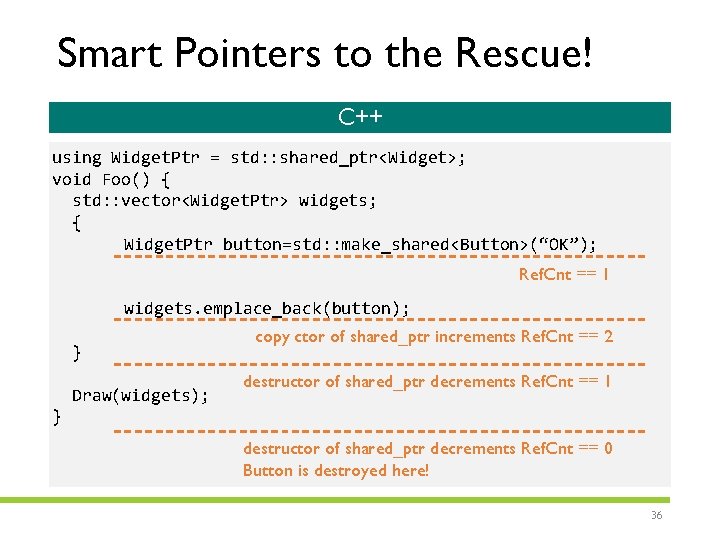 Smart Pointers to the Rescue! C++ using Widget. Ptr = std: : shared_ptr<Widget>; void