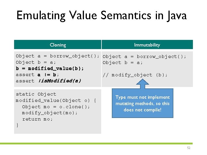 Emulating Value Semantics in Java Cloning Immutability Object a = borrow_object(); Object b =