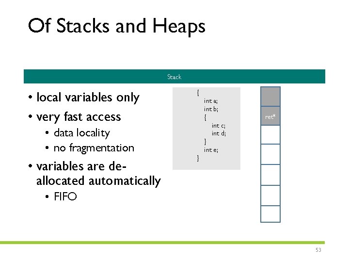 Of Stacks and Heaps Stack • local variables only • very fast access •