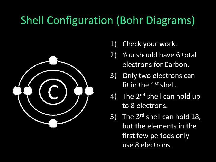 Shell Configuration (Bohr Diagrams) C 1) Check your work. 2) You should have 6
