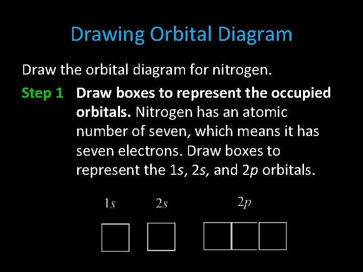 Drawing Orbital Diagram Draw the orbital diagram for nitrogen. Step 1 Draw boxes to