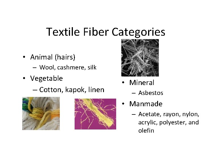 Textile Fiber Categories • Animal (hairs) – Wool, cashmere, silk • Vegetable – Cotton,