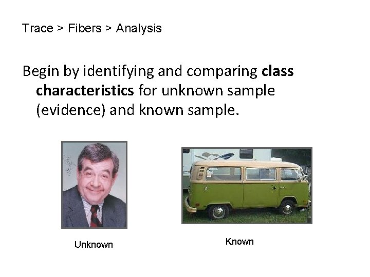 Trace > Fibers > Analysis Begin by identifying and comparing class characteristics for unknown