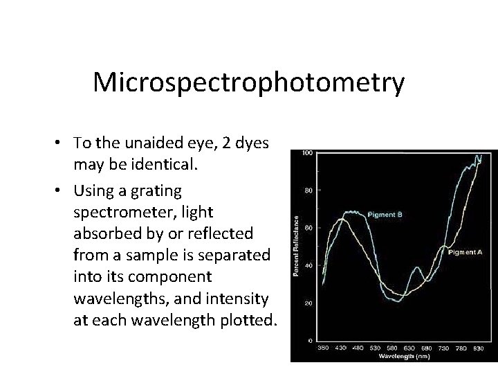 Microspectrophotometry • To the unaided eye, 2 dyes may be identical. • Using a