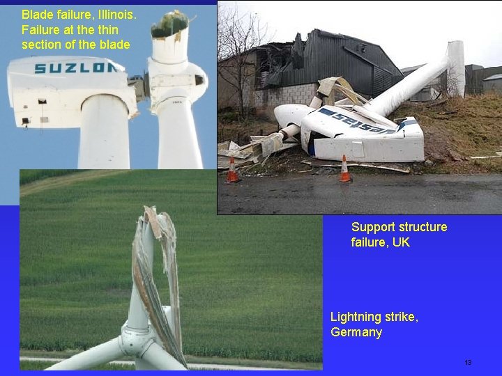 Blade failure, Illinois. Failure at the thin section of the blade Support structure failure,