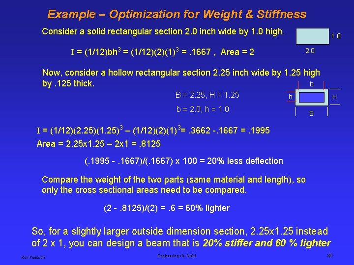 Example – Optimization for Weight & Stiffness Consider a solid rectangular section 2. 0