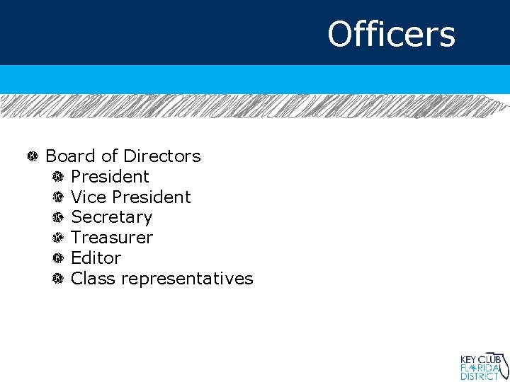Officers Board of Directors President Vice President Secretary Treasurer Editor Class representatives 