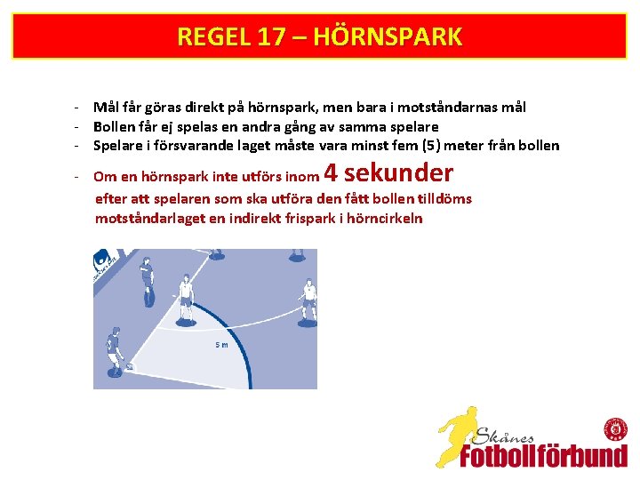 REGEL 17 – HÖRNSPARK - Mål får göras direkt på hörnspark, men bara i