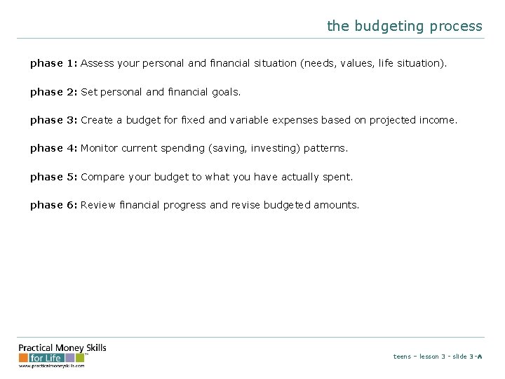 the budgeting process phase 1: Assess your personal and financial situation (needs, values, life