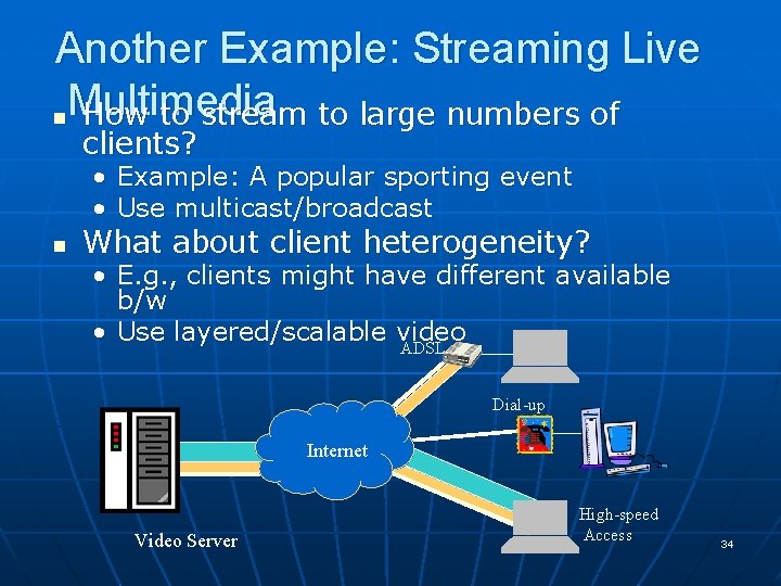 Another Example: Streaming Live Multimedia n How to stream to large numbers of clients? Another Example: Streaming Live Multimedia n How to stream to large numbers of clients?