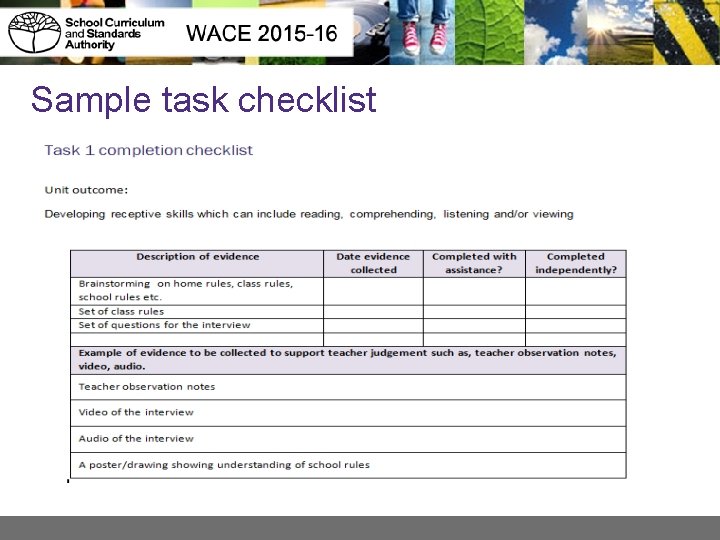 Sample task checklist 