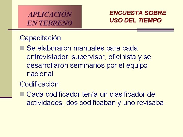 APLICACIÓN EN TERRENO ENCUESTA SOBRE USO DEL TIEMPO Capacitación n Se elaboraron manuales para APLICACIÓN EN TERRENO ENCUESTA SOBRE USO DEL TIEMPO Capacitación n Se elaboraron manuales para