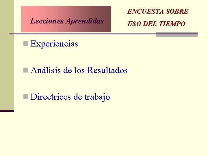 Lecciones Aprendidas ENCUESTA SOBRE USO DEL TIEMPO n Experiencias n Análisis de los Lecciones Aprendidas ENCUESTA SOBRE USO DEL TIEMPO n Experiencias n Análisis de los