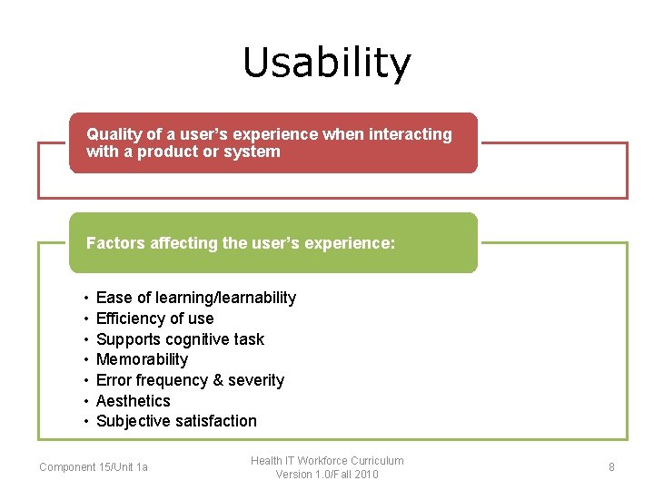Usability Quality of of a user’s experience when interacting when • Quality a user's