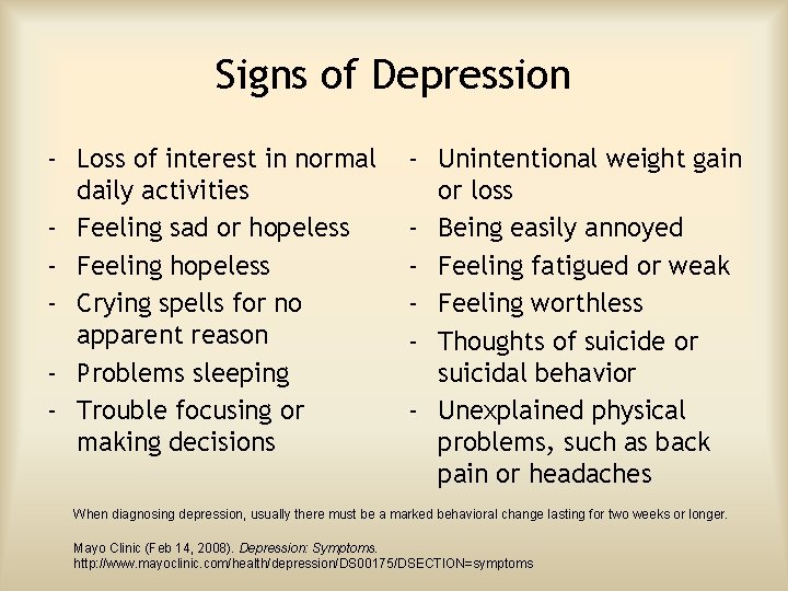 Signs of Depression - Loss of interest in normal daily activities - Feeling sad