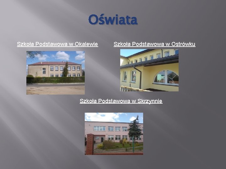 Oświata Szkoła Podstawowa w Okalewie Szkoła Podstawowa w Ostrówku Szkoła Podstawowa w Skrzynnie 