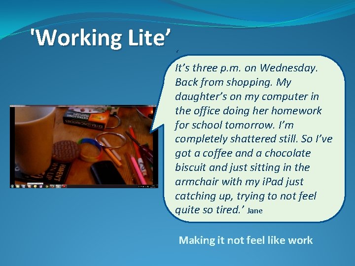 'Working Lite’ ‘ It’s three p. m. on Wednesday. Back from shopping. My daughter’s