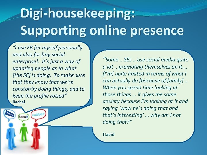 Digi-housekeeping: Supporting online presence “I use FB for myself personally and also for [my