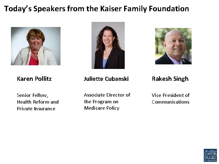 Today’s Speakers from the Kaiser Family Foundation Karen Pollitz Juliette Cubanski Rakesh Singh Senior