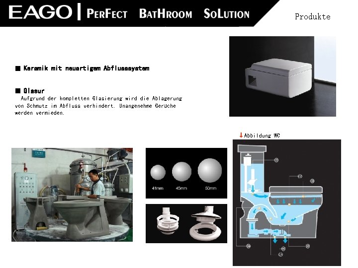 Produkte ■ Keramik mit neuartigem Abflusssystem ■ Glasur Aufgrund der kompletten Glasierung wird die Produkte ■ Keramik mit neuartigem Abflusssystem ■ Glasur Aufgrund der kompletten Glasierung wird die