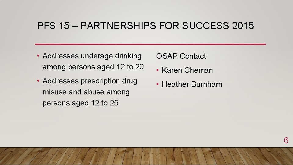 PFS 15 – PARTNERSHIPS FOR SUCCESS 2015 • Addresses underage drinking among persons aged
