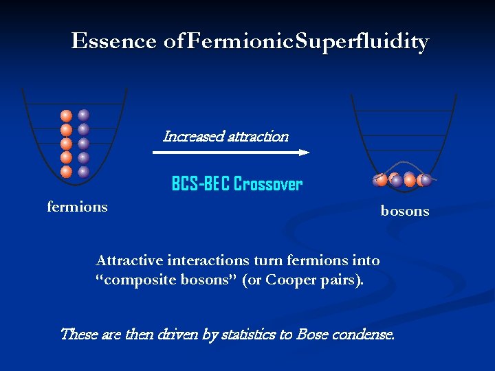 Essence of Fermionic Superfluidity Increased attraction BCS-BEC Crossover fermions bosons Attractive interactions turn fermions