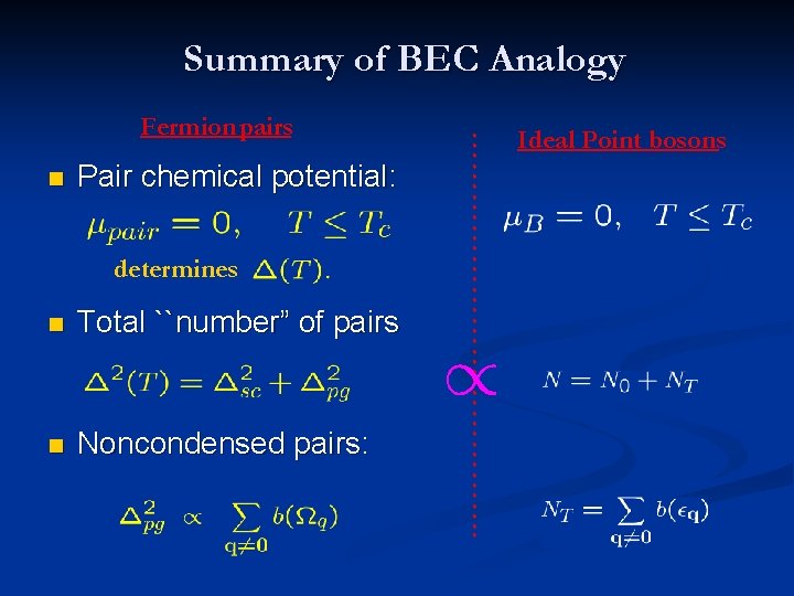 Summary of BEC Analogy n Pair chemical potential: determines n Total ``number” of pairs