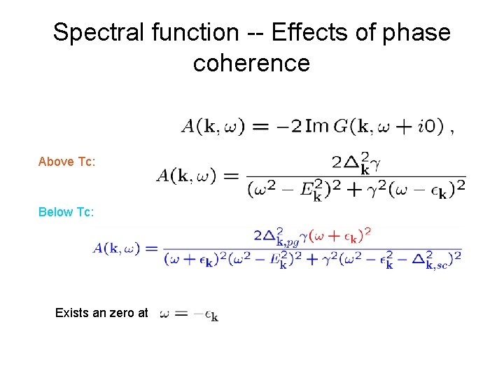 Spectral function -- Effects of phase coherence Above Tc: Below Tc: Exists an zero