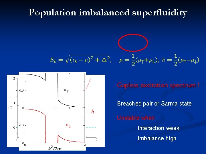 Population imbalanced superfluidity Gapless excitation spectrum ! Breached pair or Sarma state Unstable when