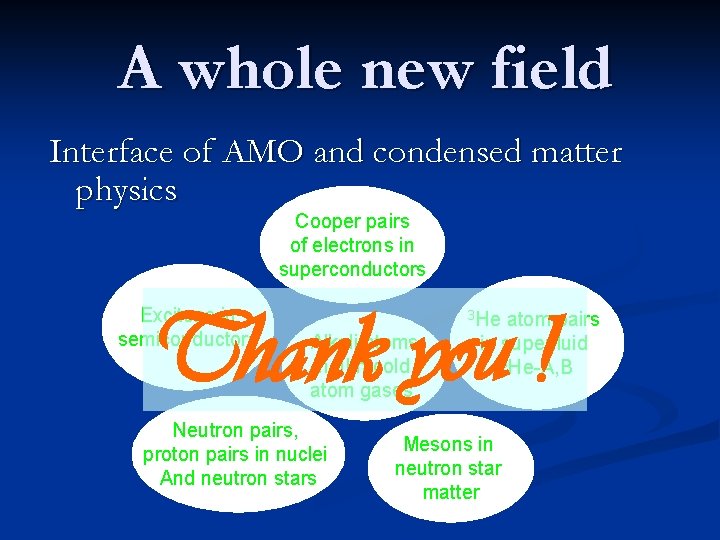 A whole new field Interface of AMO and condensed matter physics Cooper pairs of