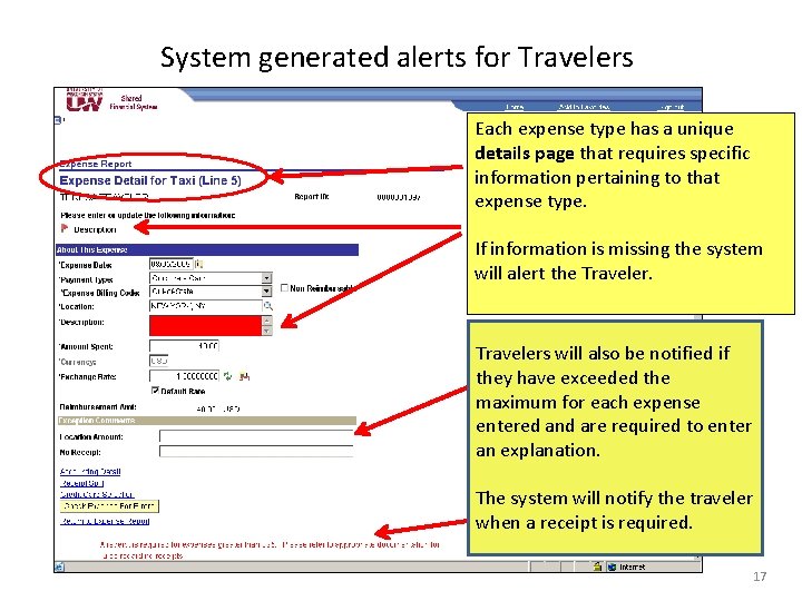 System generated alerts for Travelers Each expense type has a unique details page that