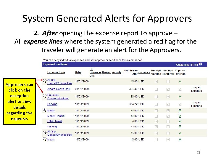 System Generated Alerts for Approvers 2. After opening the expense report to approve –