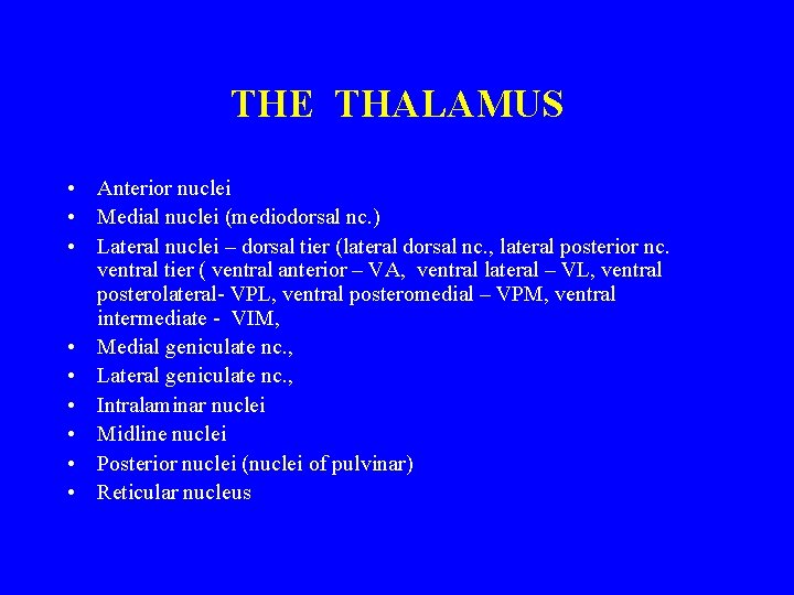 THE THALAMUS • Anterior nuclei • Medial nuclei (mediodorsal nc. ) • Lateral nuclei