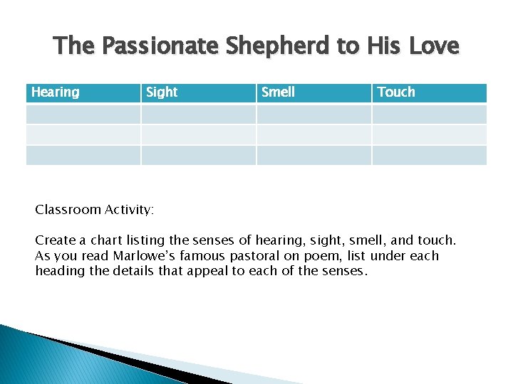 The Passionate Shepherd to His Love Hearing Sight Smell Touch Classroom Activity: Create a