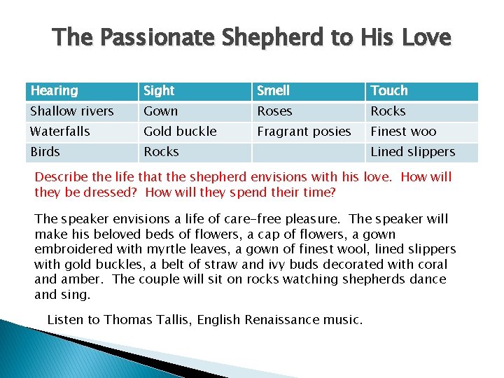 The Passionate Shepherd to His Love Hearing Sight Smell Touch Shallow rivers Gown Roses