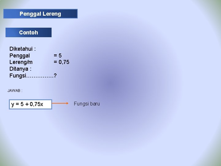 Penggal Lereng Contoh Diketahui : Penggal =5 Lereng/m = 0, 75 Ditanya : Fungsi……………?