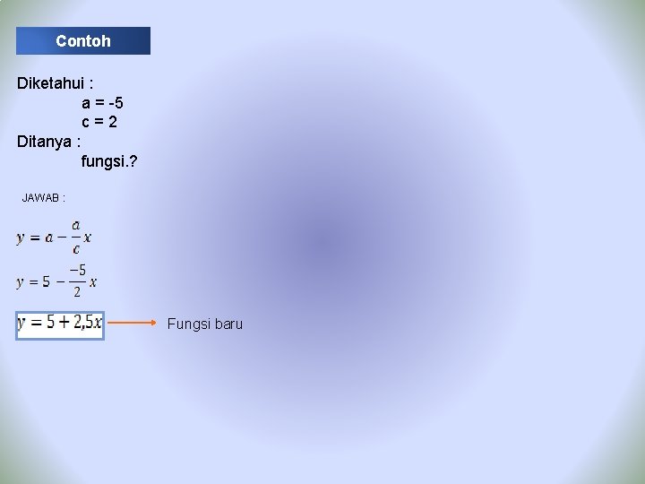 Contoh Diketahui : a = -5 c=2 Ditanya : fungsi. ? JAWAB : Fungsi