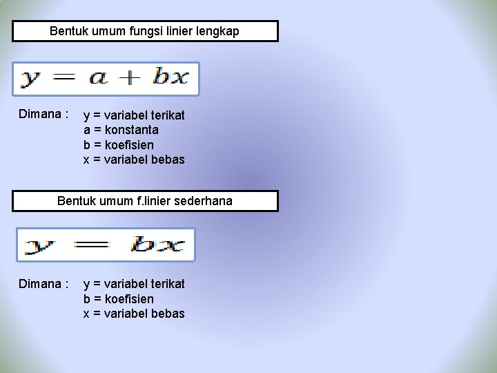 Bentuk umum fungsi linier lengkap Dimana : y = variabel terikat a = konstanta