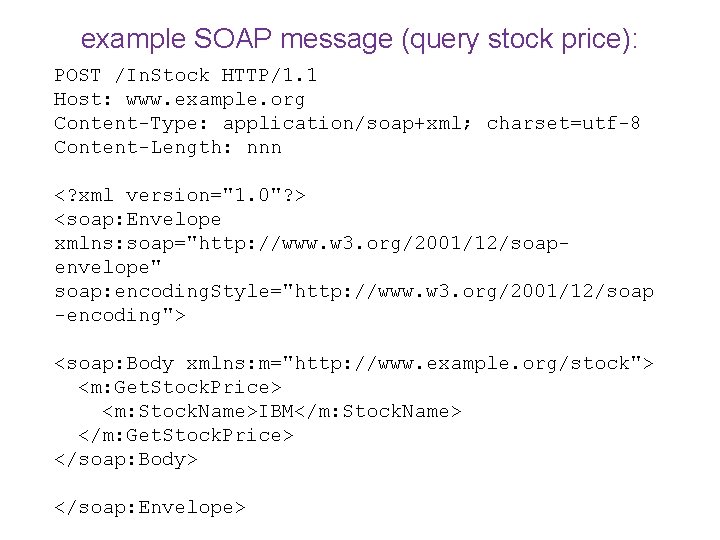 example SOAP message (query stock price): POST /In. Stock HTTP/1. 1 Host: www. example.