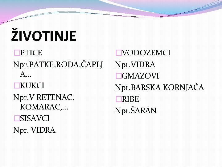 ŽIVOTINJE �PTICE Npr. PATKE, RODA, ČAPLJ A, . . �KUKCI Npr. V RETENAC, KOMARAC,