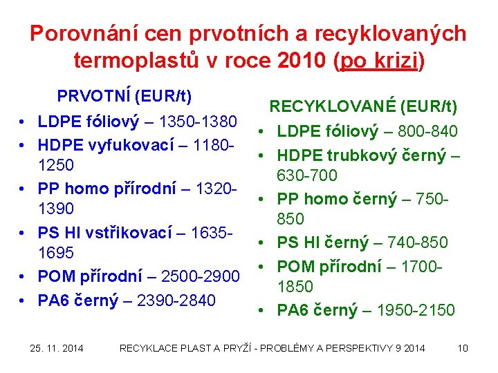 Porovnání cen prvotních a recyklovaných termoplastů v roce 2010 (po krizi) PRVOTNÍ (EUR/t) •