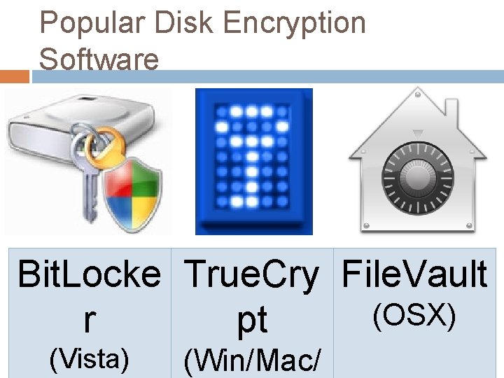 Popular Disk Encryption Software Bit. Locke True. Cry File. Vault (OSX) r pt (Vista)