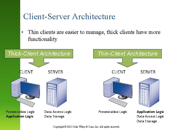 Client-Server Architecture • Thin clients are easier to manage, thick clients have more functionality Client-Server Architecture • Thin clients are easier to manage, thick clients have more functionality