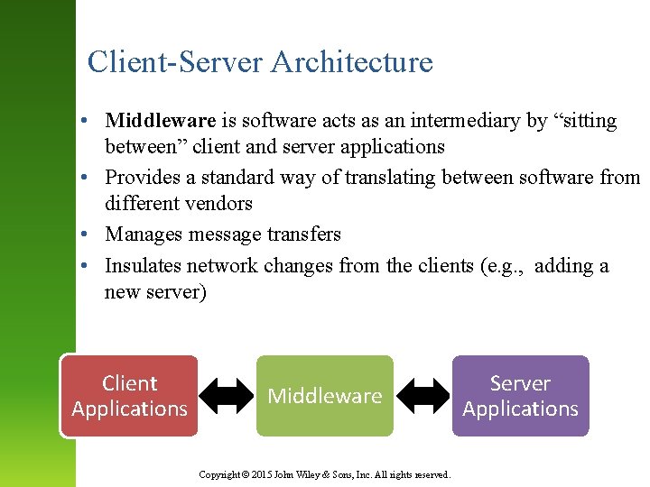 Client-Server Architecture • Middleware is software acts as an intermediary by “sitting between” client