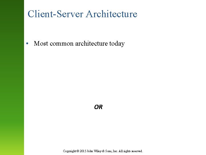 Client-Server Architecture • Most common architecture today CLIENT SERVER OR Presentation Logic Application Logic