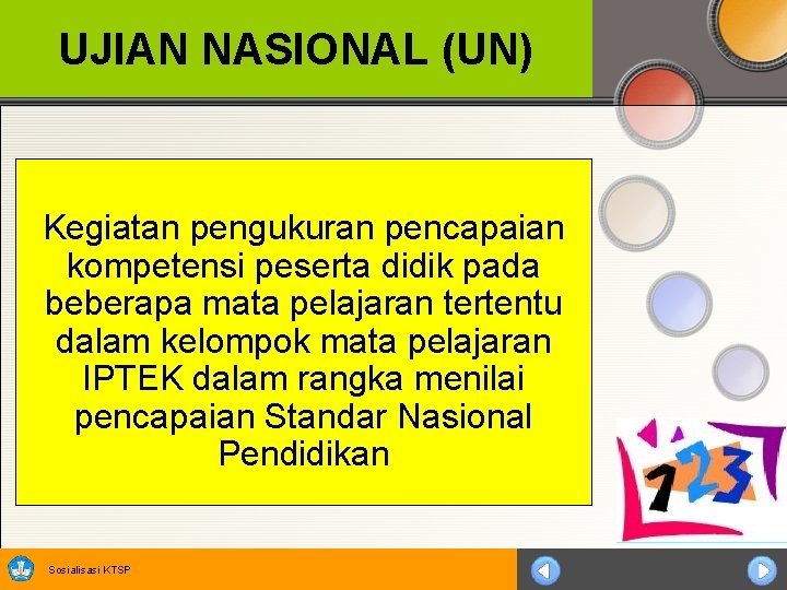 UJIAN NASIONAL (UN) Kegiatan pengukuran pencapaian kompetensi peserta didik pada beberapa mata pelajaran tertentu