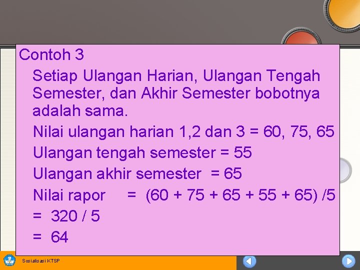 Contoh 3 Setiap Ulangan Harian, Ulangan Tengah Semester, dan Akhir Semester bobotnya adalah sama.