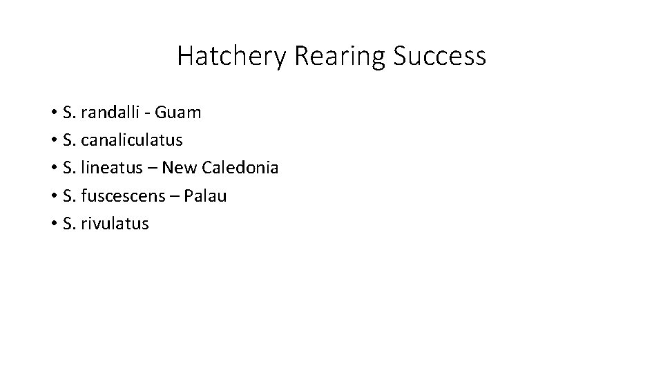 Hatchery Rearing Success • S. randalli - Guam • S. canaliculatus • S. lineatus