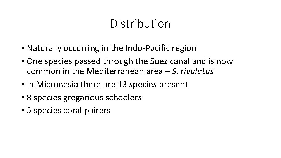 Distribution • Naturally occurring in the Indo-Pacific region • One species passed through the