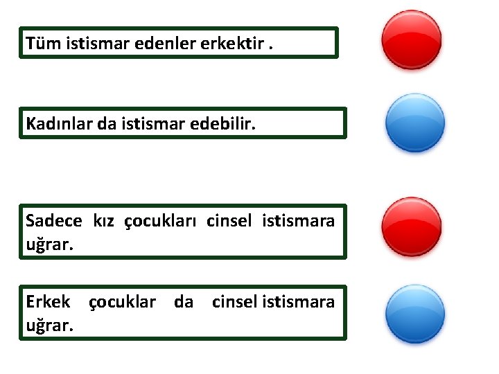 Tüm istismar edenler erkektir. Kadınlar da istismar edebilir. Sadece kız çocukları cinsel istismara uğrar.